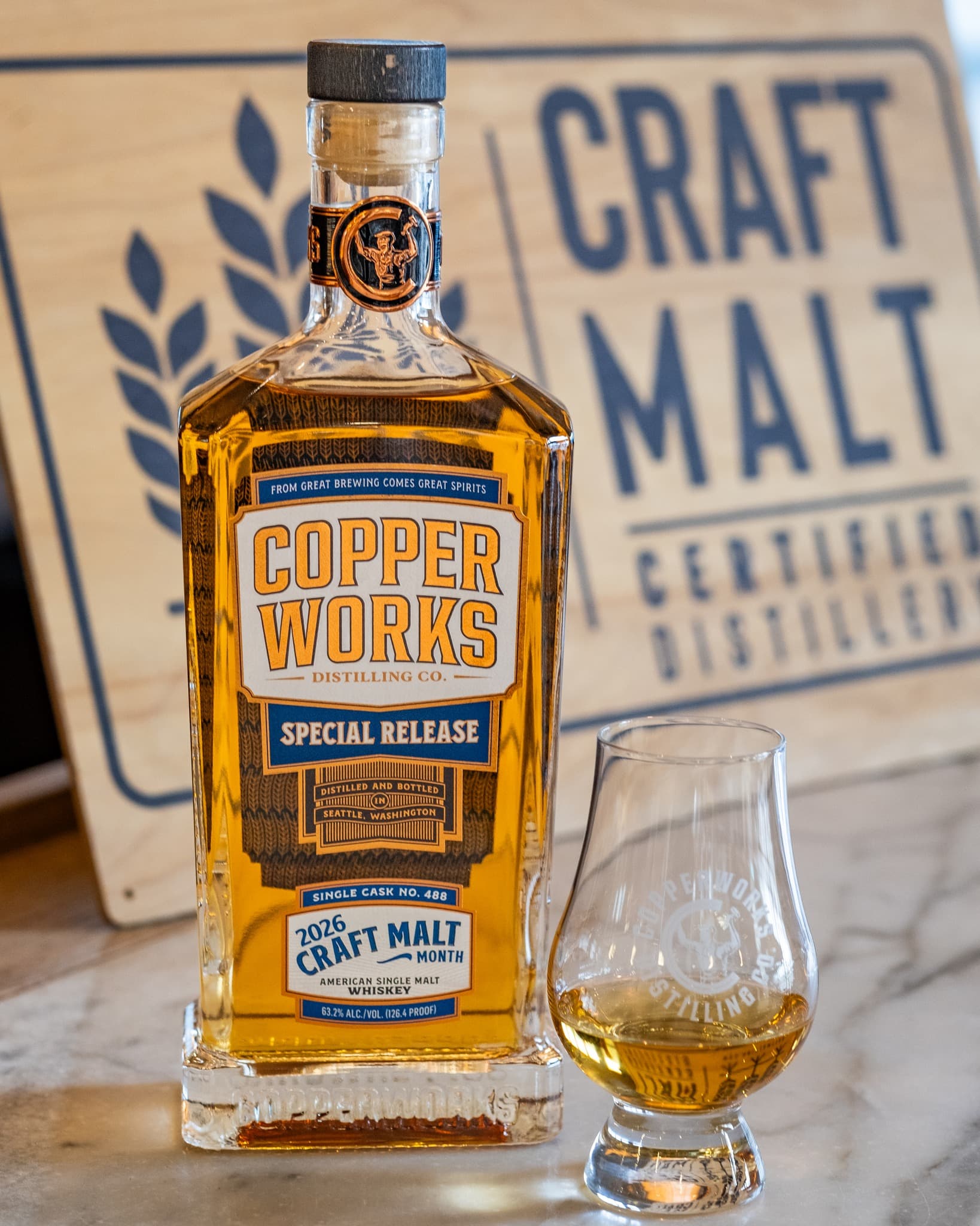 A Copperworks special release American Single Malt Whiskey bottle beside a Glencairn glass
