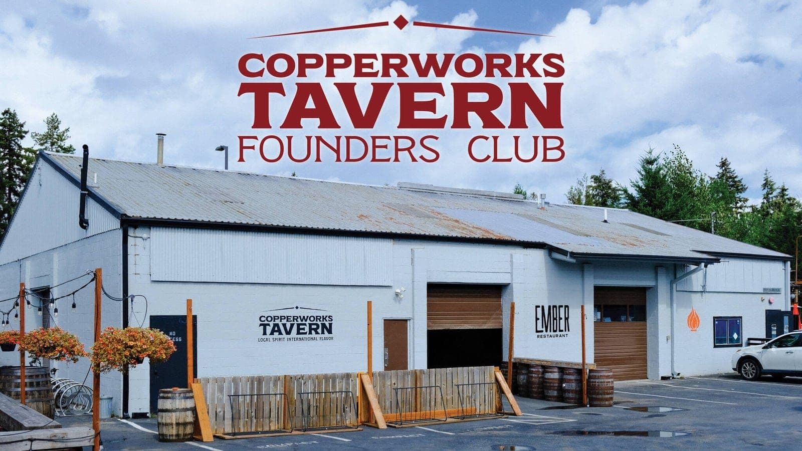 The Copperworks Tavern building in Kenmore under the words Copperworks Tavern Founders Club.