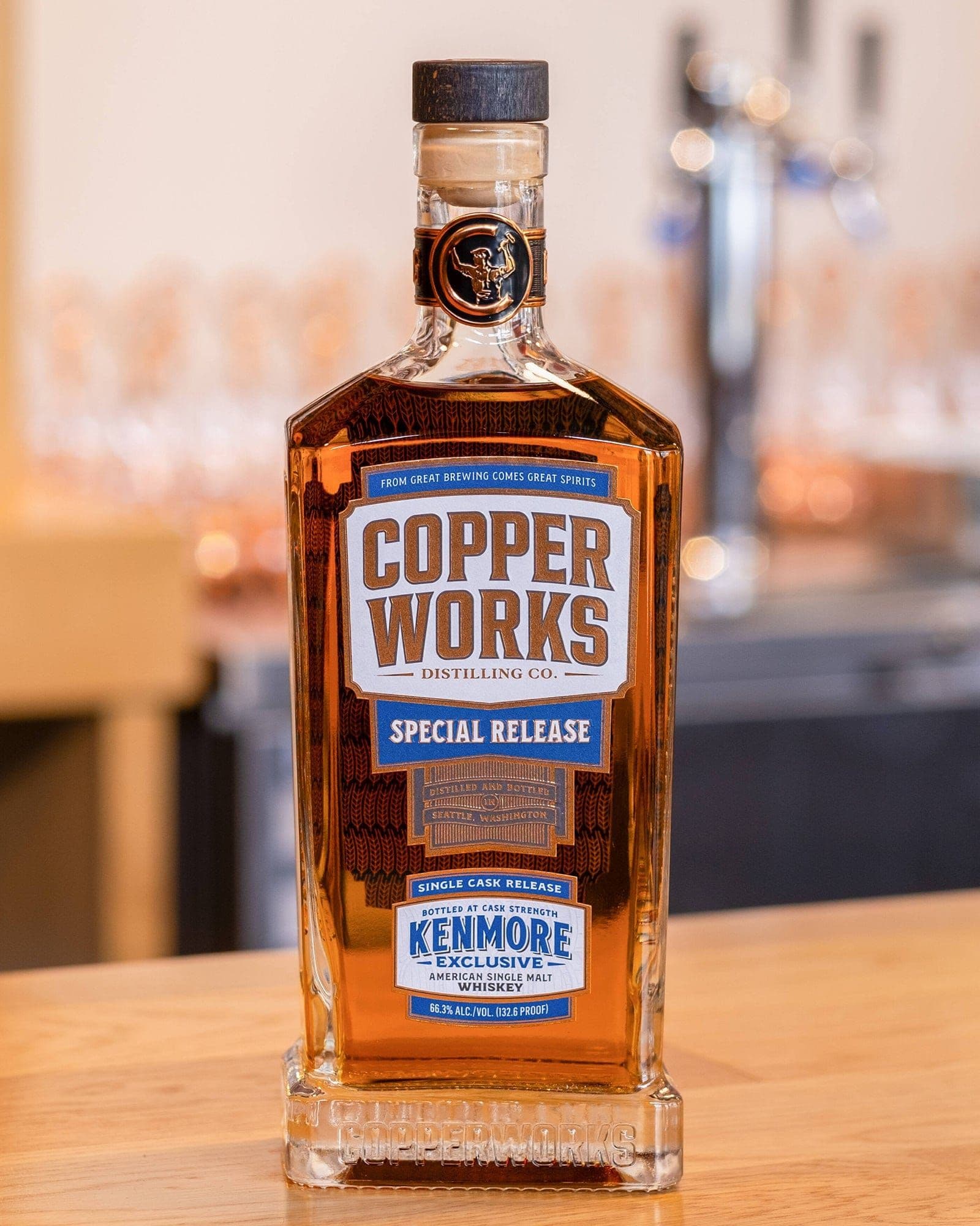 A bottle of Copperworks Kenmore Exclusive single cask whiskey, bottled at 66.3% ABV.