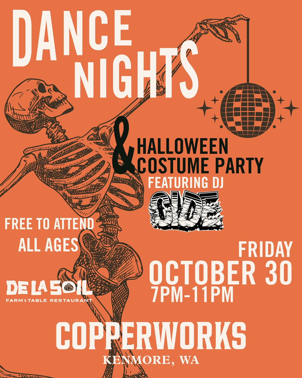 Poster: Dance Nights and Halloween Costume Party featuring DJ Cide, Friday October 30, 7pm to 11pm, free to attend, all ages, Copperworks Kenmore, with a dancing skeleton holding a disco ball