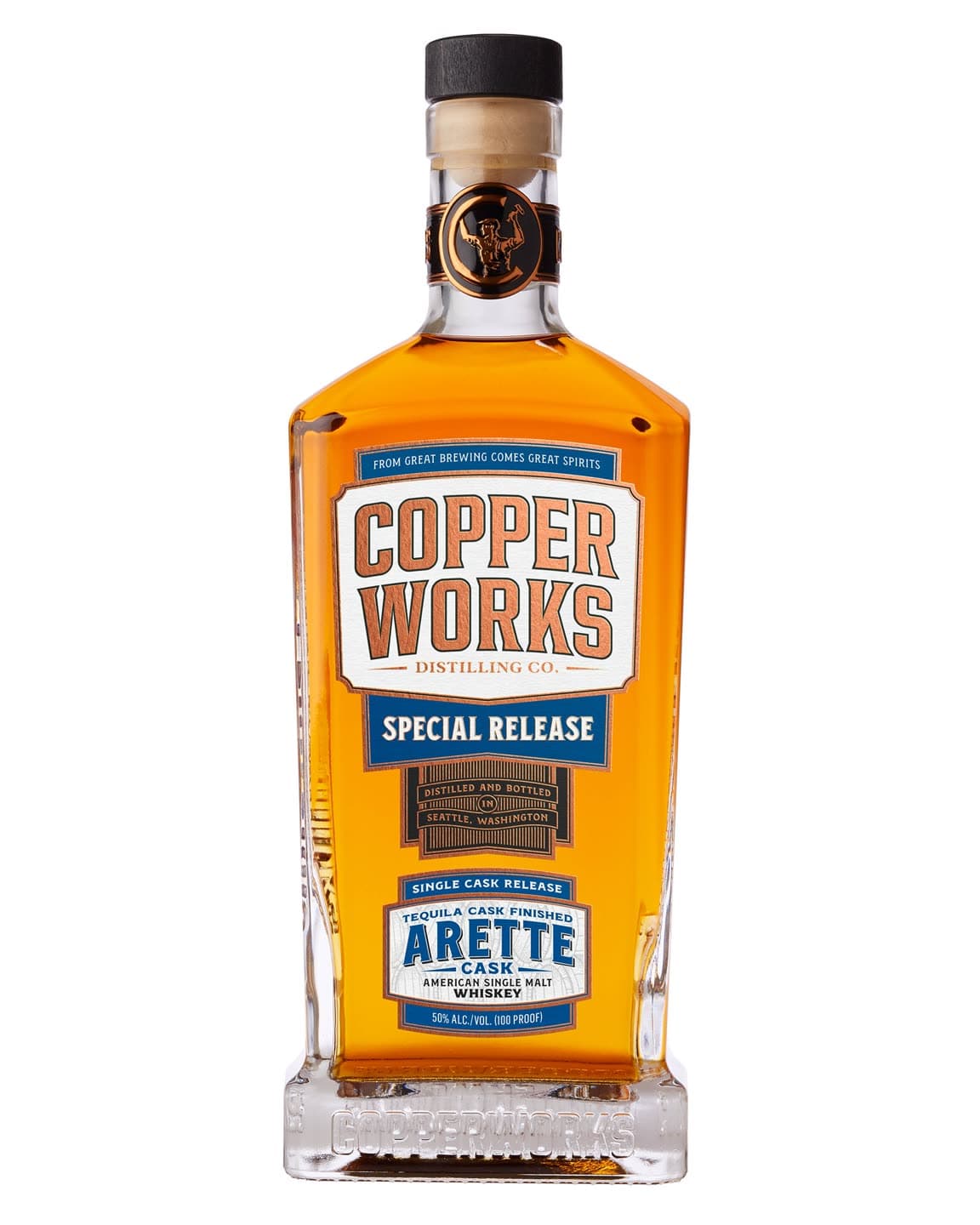 A bottle of Copperworks Arette Tequila Cask American Single Malt Whiskey, a single cask special release.