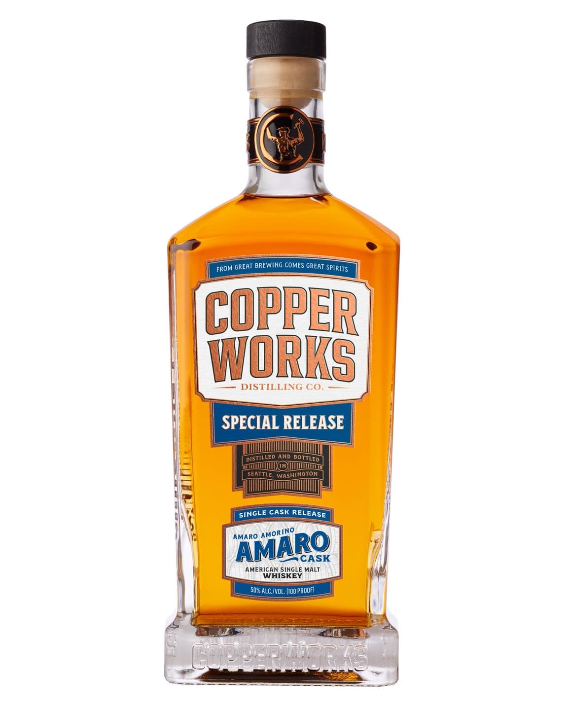 A bottle of Copperworks Amaro Cask American Single Malt Whiskey, a single cask special release.