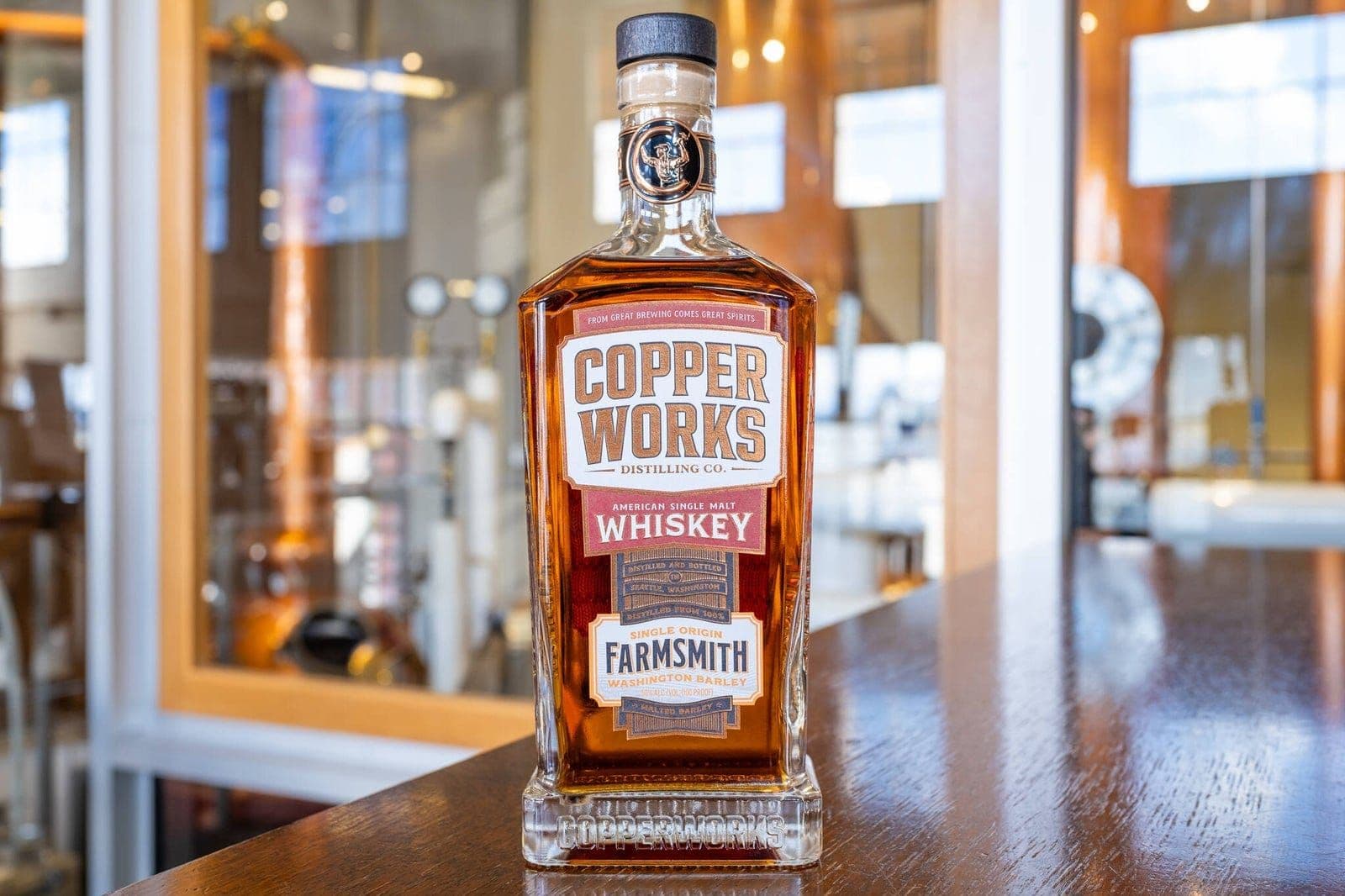 Copperworks Farmsmith American Single Malt Whiskey, made from single-variety Genie pale malt barley grown in Reardan, Washington.