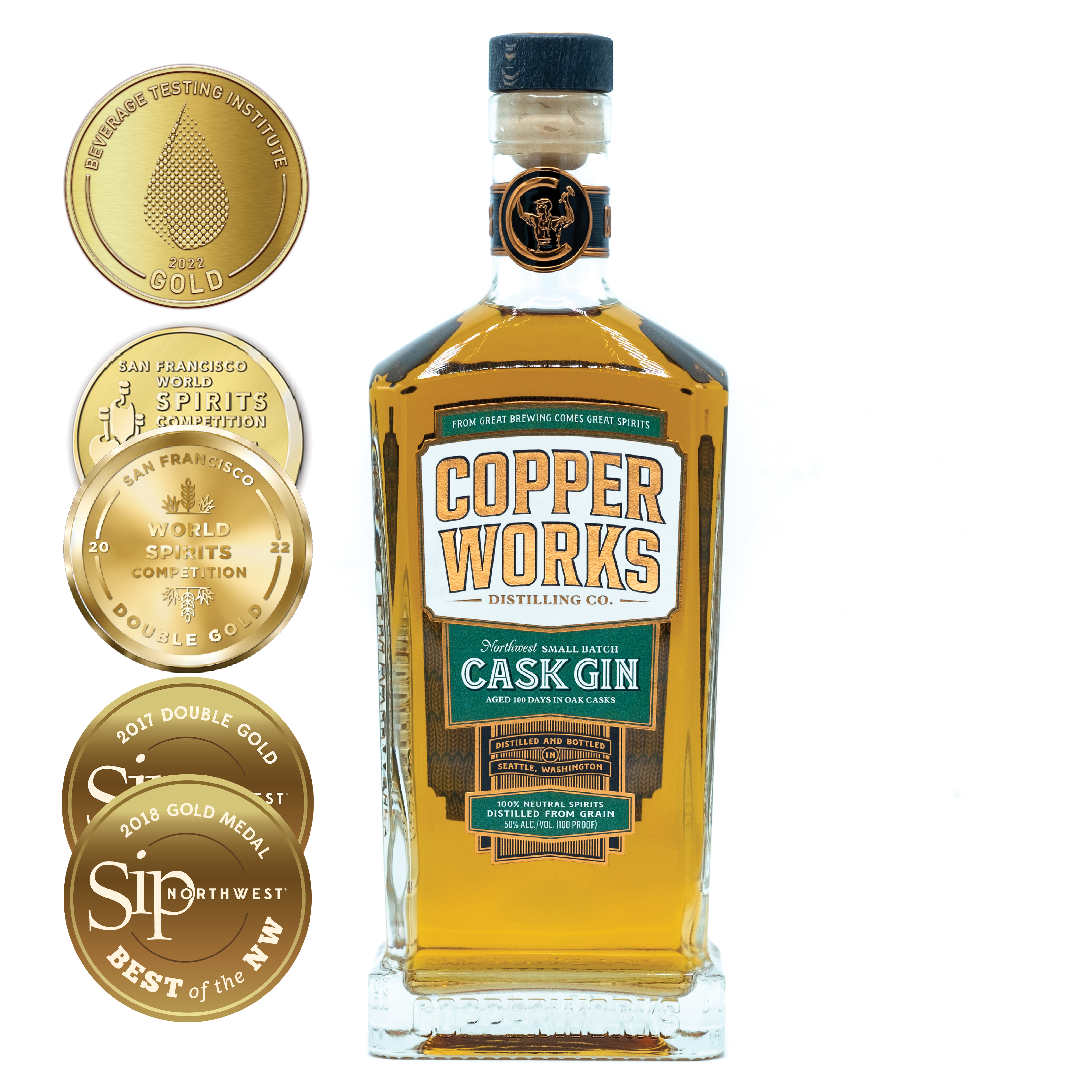 A bottle of Copperworks Cask Gin.