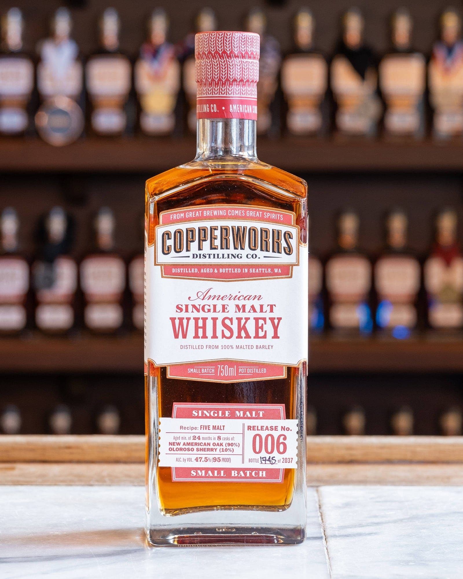 A bottle of Copperworks Archive Release No. 006 American Single Malt Whiskey.